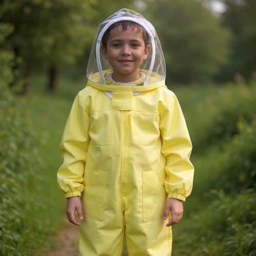 Junior Beekeeping Suit, L Size, Ventilated Hood, Full Body Protection for Kids, Yellow Cotton Polyester Blend