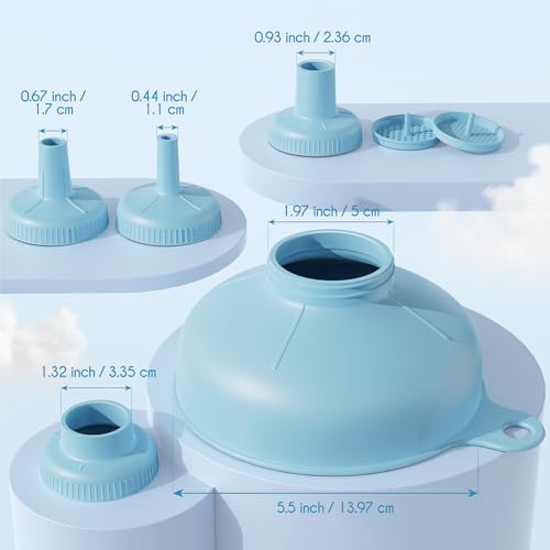Pisol Wide Mouth Versatile Funnel, Canning Funnels for Kitchen Use, Food Grade Plastic Cooking Funnel Set with 4 Size Spouts and 2 Strainers for Filling Different Bottles and Bags, Blue