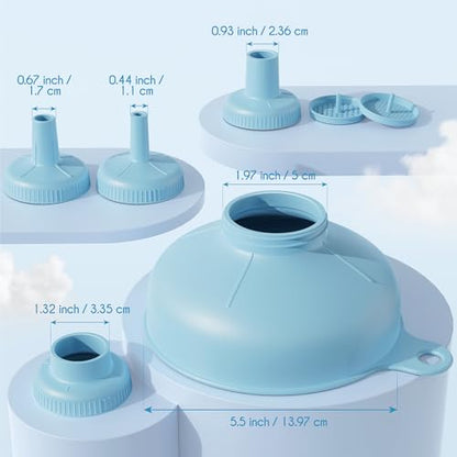 Pisol Wide Mouth Versatile Funnel, Canning Funnels for Kitchen Use, Food Grade Plastic Cooking Funnel Set with 4 Size Spouts and 2 Strainers for Filling Different Bottles and Bags, Blue