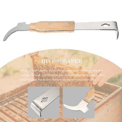 Beaupretty Multi-Functional Stainless Steel Beehive Scraper and Hive Frame Lifter with Wooden Handle, Thickened Beekeeping Cleaning Tool for Professional Hive Maintenance