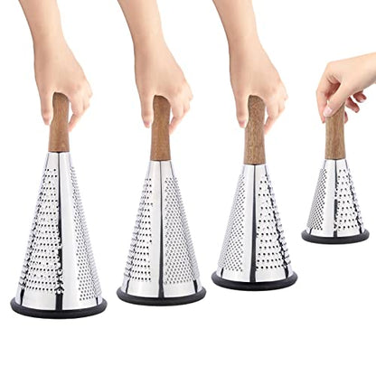 Cone Cheese Grater with Handle - Stainless Steel Triple Function Wood Handle Parmesan Shaver Non-Slip Rubber Bottom Hand Held Multifunction Vegetables Cheese Grater with container (M: 9.4" X 4.3") - size: Size M: 9.4" X 4.3"