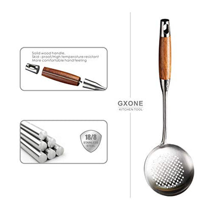 Slotted Spoon,304 Stainless Steel Skimmer Spoon with Heat Resistant Wooden Handle,Silver/15.8Inch - style: Skimmer Spoon-wood handle