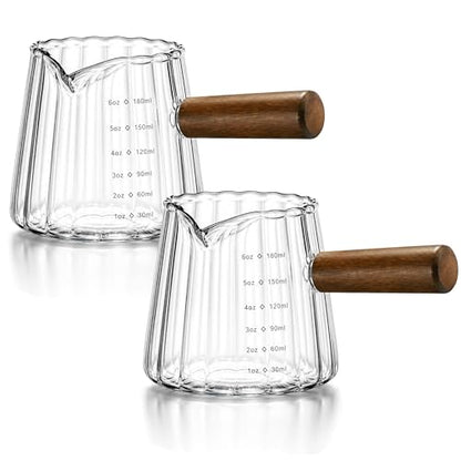 2 Pack Espresso Measuring Cup 6oz, Febwind Ribbed Borosilicate Glass Espresso Shot Cups with Wood Handle, V-Shaped Spout with oz/ml Scale for Coffee and Milk Frothing Clear - color: Clear (2 Pack)