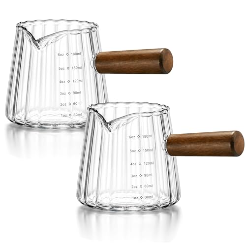 2 Pack Espresso Measuring Cup 6oz, Febwind Ribbed Borosilicate Glass Espresso Shot Cups with Wood Handle, V-Shaped Spout with oz/ml Scale for Coffee and Milk Frothing Clear - color: Clear (2 Pack)