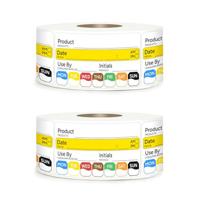 2 Rolls 1000 Pcs 1 inch X 2 inch Restaurant Quality Shelf Life Food Rotation Labels, Self-Adhesive Removable for Reusable Containers, Food Safety Date Sticker, Leftover Labels - style: 1*2in-1000pc-Yellow-Black2