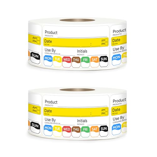 2 Rolls 1000 Pcs 1 inch X 2 inch Restaurant Quality Shelf Life Food Rotation Labels, Self-Adhesive Removable for Reusable Containers, Food Safety Date Sticker, Leftover Labels - style: 1*2in-1000pc-Yellow-Black2