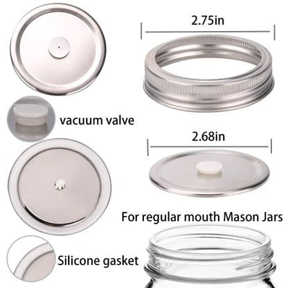 vacuum seal mason jar lids for FoodSaver Vacuum Sealer, Vacuum Seal Lid for 2.76 in Mason Jar,6 set regular mouth vacuum stainless Steel Lids for Food Storage +Accessory Hose - size: 70mm