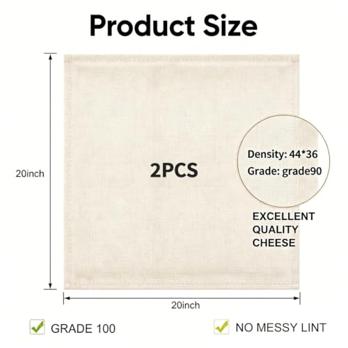 2Pcs Reusable Cheesecloth,Grade 100,20x20 Inch Hemmed Cheese Cloth for Straining Craft,100% Cotton Unbleached Cloth Strainer for Cooking,Baking,Juicing,Cheese Making,Ultra Fine and Dense,Washable - size: 20*20 inch*2 PCS