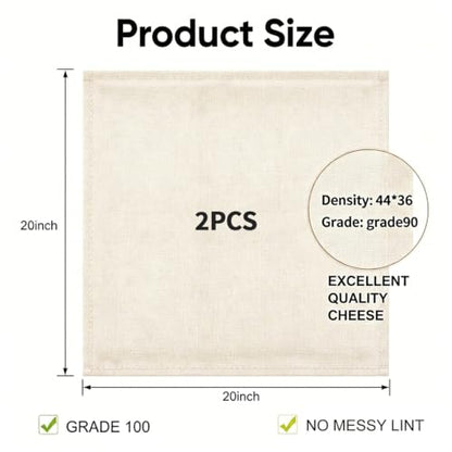 2Pcs Reusable Cheesecloth,Grade 100,20x20 Inch Hemmed Cheese Cloth for Straining Craft,100% Cotton Unbleached Cloth Strainer for Cooking,Baking,Juicing,Cheese Making,Ultra Fine and Dense,Washable - size: 20*20 inch*2 PCS