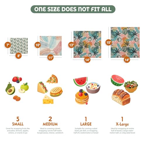 Akeeko Reusable Beeswax Food Wraps - Assorted 9 Packs, Reusable, Plastic-Free Food Storage, 5 Small, 2 Medium, 1 Large Wraps, 1 Extra Large with Tropical Leave Pattern