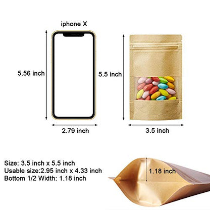 100 Pcs Resealable Stand Up kraft Paper Bags with Window for Packaging Products, Reusable Zip Lock Food Storage Pouch Bags (3.5" x 5.5") - size: 3.5" x 5.5"