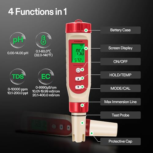 VIVOSUN 4-in-1 Digital pH Meter with pH/TDS/EC/Temp Function, 0-14.0 pH Measurement Range, ±0.1 pH Accuracy Water Quality Tester for Hydroponics, Household Drinking, and Aquarium - color: Red