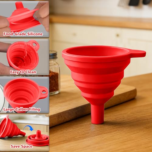4PCS Silicone Collapsible Funnels Set for Kitchen Use Compact and Portable Liquid Transfer Tool, Collapsible Gadgets(Red) - color: 4PCS-Red