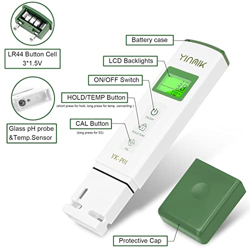 YINMIK YK-P01 pH Tester Digital pH Meter for Water Hydroponics, Accurate pH Temp Meter with ATC for Pool, Spa, Hot Tub, Indoor Plants, Drinking Water, Wine Beer Home Brewing, Aquarium - color: Green pH Tester