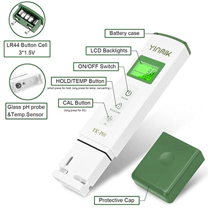 YINMIK YK-P01 pH Tester Digital pH Meter for Water Hydroponics, Accurate pH Temp Meter with ATC for Pool, Spa, Hot Tub, Indoor Plants, Drinking Water, Wine Beer Home Brewing, Aquarium - color: Green pH Tester