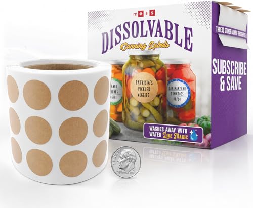 Dissolvable Canning Labels 0.5in Round, Removable Kraft Mason Jar Stickers | Water soluble, no residue, write on with pen, 200 per pack, jam, preserves, pantry, freezer, spice bottles, food storage - size: 0.5 inch