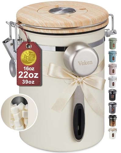 Veken Coffee Sugar Canister with Window, Gifts For Women,Airtight Stainless Steel Kitchen Food Storage Container Gift, Date Tracker & Scoop for Ground, Beans,Tea,Flour,Cereal, 22OZ, Cream - color: Cream, size: 22 oz
