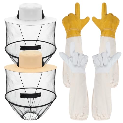 Beekeeping Gloves Hats Set 2 Thick Goatskin Leather Bee Gloves with Ventilated Sleeves and 2 Pack Beekeeping Fencing Veil Mosquito Hats Netting Sun Head Net Hat with Hidden Net Mesh Mask (Set of 2)