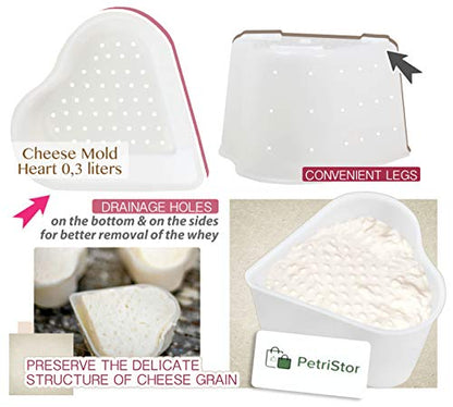 PetriStor 8 pcs Small Cheese Mold Heart 1/3QT - Feta Soft Cheese Mold for Cheese Making - Homemade Cheese Making Supplies - Cream Cheese Form Mold - Molde Para Queso Fresco Casero