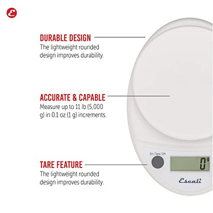 Escali Primo Digital Food Scale Multi-Functional Kitchen Scale and Baking Scale for Precise Weight Measuring and Portion Control, 8.5 x 6 x 1.5 inches, White - color: White