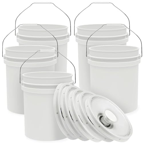 5-Gallon White Bucket Pail with Spout Lid, Metal Handles with Plastic Grip for Easy Carrying, Easy Stack and Store, Heavy-Duty Extra Durable, Food Grade, BPA Free - 5 Pack - color: 5 Pack, size: 5 Gallon