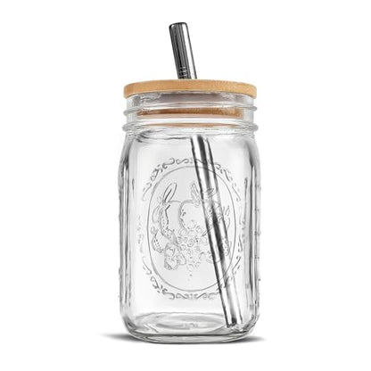 MEM WORLDSHOP Wide Mouth Mason Jar 32 oz - (1 Pack) - Wide Mouth 32-Ounces Quart Mason Jar with Reusable M.E.M Bamboo Lid & Stainless Steel Straw - For Smoothies, Milk Shakes, Iced Coffee, Tea