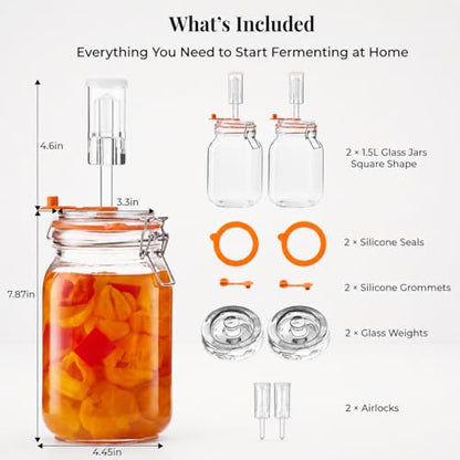 Fermenting Jars, 1.5L Fermentation Kit With Glass Weights, 2-Pack | Wide-Mouth 2L Glass Jar With Self-Venting Airlock, Ideal For Sauerkraut, Kimchi, Pickles And Other Homemade Ferments - size: 1.5 Liter