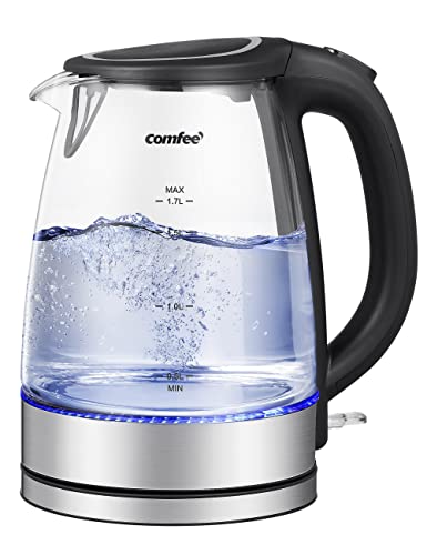 COMFEE' Glass Electric Tea Kettle & Hot Water Kettle Electric, 1.7L Electric Kettle with LED Indicator, 1500W Fast Boil, Auto Shut-Off and Boil-Dry Protection - color: glass and stainless steel, size: 1.8 Quarts