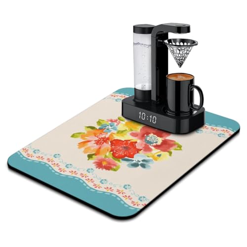 Washable Non-Slip Pioneer Flower Dish Drying Mats,Super Absorbent Quick Drying Mat For Kitchen Counter Home Large Coffee Bar Pad Accessories And Decor 18''x24'' (Deep Blue Red Flower, 18*24) - color: Deep Blue Red Flower, size: 24" x 24"