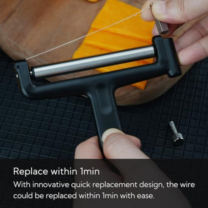 KITCHENDAO Replaceable Wire Cheese Slicer,50% Stronger Wires with 2nd Gen Wire Fixing Mechanism, Tightness Adjustable Aluminum Cheese Cutter, Easy Replacement, 2 Extra Wires - color: Black