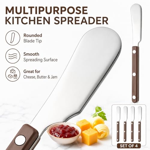 4PCS Stainless Steel Butter Knives Set: 6.3 Inch Cheese Spreader 304 Stainless Steel with Ergonomic Handle for Cheese, Butter & Jam (brown) - color: brown