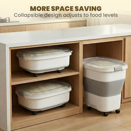 HOYTAMDAR 20-50Lbs Rice Container,Collapsible Food Storage Containers with Airtight Clear Lid,Wheels,Rice Storage Container with Small Bin and Scoop,Rice Dispenser for Flour Sugar Cereal Grain Dog Cat - color: Grey/20-50lbs