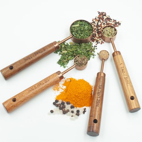 Measuring Cups and Spoons Set of 8, Stainless Steel Measuring Cup with Wooden Handle, Kitchen/Food/Liquid/Baking (Copper) - color: Copper