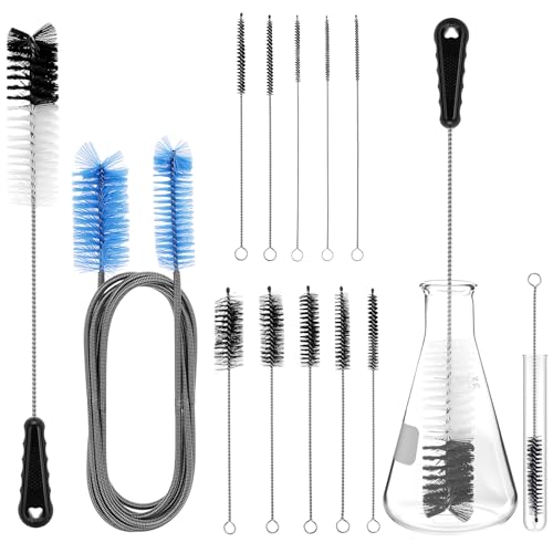 QWORK 12Pcs Tube Pipe Cleaner Kit, 15.75" Long Handle Brush, 5.25 Ft Flexible Dual-Head Cleaner & 10 Multi-Size Nylon Brushes for Narrow Neck Bottles, Curved Glass, Feeders
