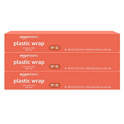 Amazon Basics Plastic Food Wrap, BPA Free, Microwave Safe with Tight Seal, 300 Sq Ft, Pack of 3, 100 Sq Ft Rolls - size: 100 Sq Ft (Pack of 3)