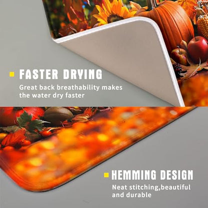 Fall Harvest Pumpkin Dish Drying Mat for Kitchen Counter,Thanksgiving Maple Leaves Sunflower Drying Mat 16 x 18 Inch with Absorbent Reversible Microfiber Dish Drying Pad for Coffee Bar - size: 16" x 18"