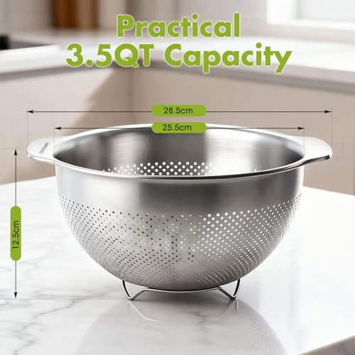 Greentainer Stainless Steel Colander with Handles - 3.5 QT Pasta Strainer for Kitchen Food Basket for Vegetables Fruits, Nesting Stainless Steel Strainer and Sieve, Dishwasher Safe - size: 3.5 QT