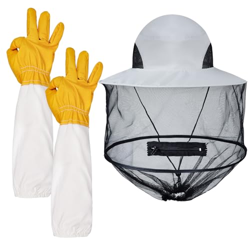 Sucrain Beekeeping Gloves Hats Set Thick Leather Bee Gloves with Ventilated Sleeves & Bee Keeper Fencing Veil Mosquito Hats Bee Outfit for Backyard and Beekeeping