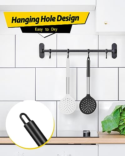 Kitchen Ladle Strainer Set of 2 Large Slotted Spoon with High Heat Resistant BPA Free Non Stick Cooking Skimmers For Draining and Frying (Black-White) - color: Black+White