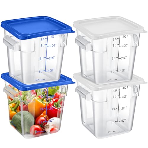 Maxcheck 4 Pcs 4qt Food Storage Container with Lids Bulk Clear Plastic Commercial Food Storage Bins with Scale Handle Space Saving Restaurant Tubs for Kitchen Prep Proof Dough(White, Blue) - color: White, Blue