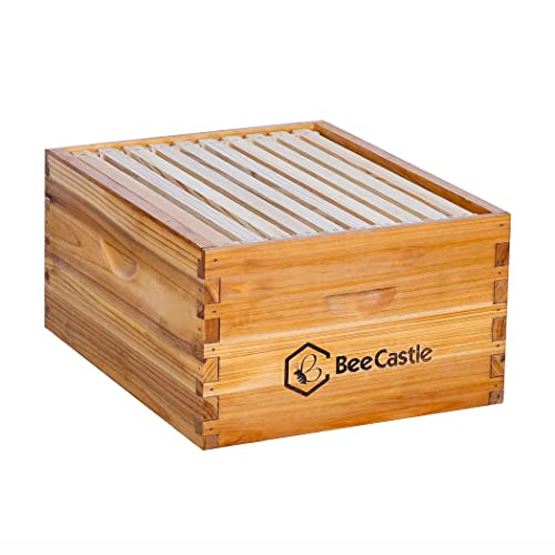 BeeCastle Heavy Wax Coated Unassembled Langstroth Deep/Brood Box with Frames and Beeswax Coated Foundation Sheet (10 Frame) - size: 10 Frame