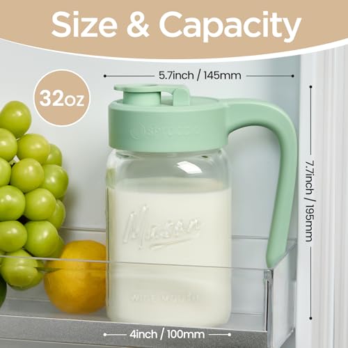 32 oz Glass Pitcher with Lid, 1 Quart Mason Jar Pitcher with Lid Airtight, Breast Milk Storage for Fridge, Ideal for Cold Brew Coffee, Iced Tea, Sun Tea, Juices - color: Green