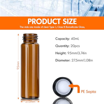 PEKYBIO 20 PCS 40ML Amber Small Liquid Sample Glass Vials with Screw Caps, 27.5mmx 95mm Leak-Proof Vial, 24-400 Black Screw Cap with PE Liners for Lab, Essential Oil, Perfume, Reagents - size: 27.5*95mm 40ml Vial