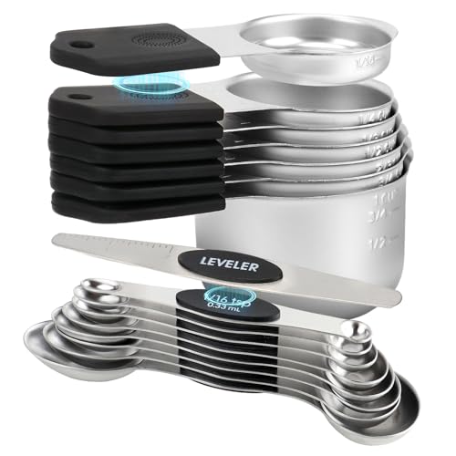 16-Piece Stainless Steel Measuring Cups and Spoons Set, Strong Magnetic Nesting Design 7 Cups 8 Spoons with Leveler, Double Measurement Markings for Dry & Liquid Ingredients, Black - color: 16-Piece Black