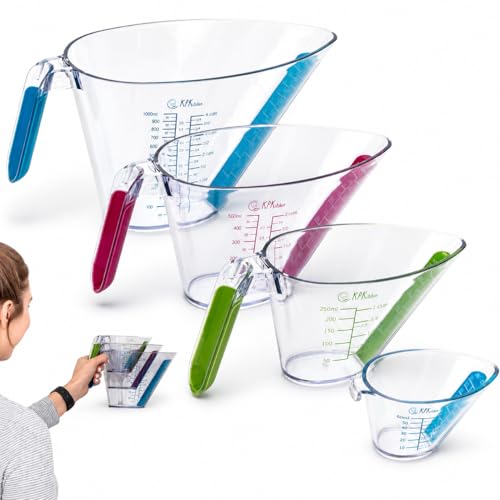 KPKitchen 4-Piece Angled Liquid Measuring Cups Plastic Set - BPA-Free Mini Oz, 1, 2 and 4 Plastic Measuring Cup Sizes - Measuring Cups For Liquids with ML & Cups Measures - Small & Large Measure Cup