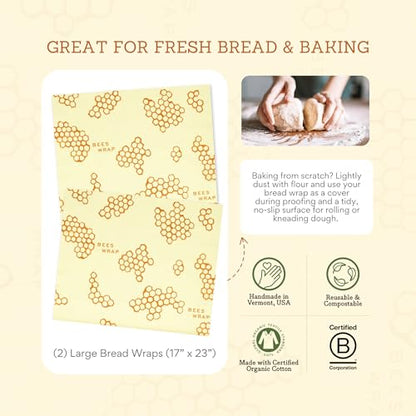 Bee's Wrap Beeswax Wraps for Bread - 2 Pack Beeswax Bread Wrap for Sourdough & Bread Storage - Plastic Free Made in USA Reusable Natural Food Wrap - & Honeycomb - color: Honeycomb 2 Pack