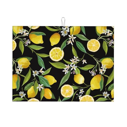 Lemon Fruits Floral Dish Drying Mat for Kitchen Counter 18 x 24 inch Fresh Lemon Black Dish Drainer Rack Mats with Hanging Loop Vintage Lemons Dishes Drainer Pads Tropical Blossom Drying Pad - color: balck yellow