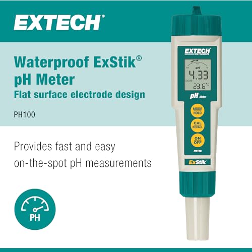 Extech PH100 Waterproof ExStik II pH Meter Kit with Flat Surface Electrode and Temperature Display | pH 0.00-14.00, waterproof, ATC, flat-surface electrode, temperature display, auto power off, sample cup - style: pH