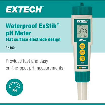 Extech PH100 Waterproof ExStik II pH Meter Kit with Flat Surface Electrode and Temperature Display | pH 0.00-14.00, waterproof, ATC, flat-surface electrode, temperature display, auto power off, sample cup - style: pH