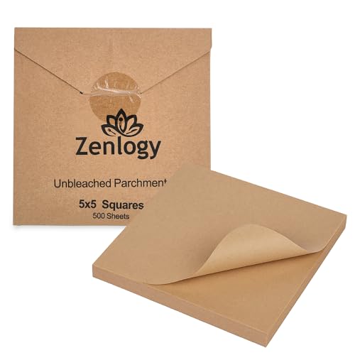 Zenlogy 5x5 Small Parchment Squares (500 sheets) - Unbleached, Non-stick, Pre-cut Parchment Paper- Ideal for Candy Wrappers, Liner Paper, Freezing and Storing, Separating, and Diamond Painting - size: 5x5 - 500 Sheets